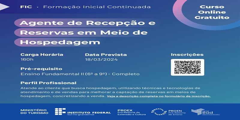 IFSul Abre Inscrições para Cursos de Formação Inicial e Continuada em Parceria com o Ministério do Turismo e Rede e-Tec Brasil
