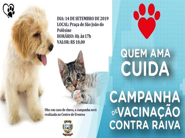 Campanha de Vacinação contra raiva para cães e gatos no dia 14 de setembro