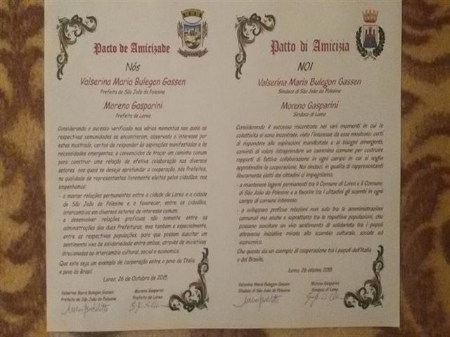 Assinado o Pacto de Amizade entre as cidades de São João do Polêsine e Loreo, Província de Rovigo - Itália