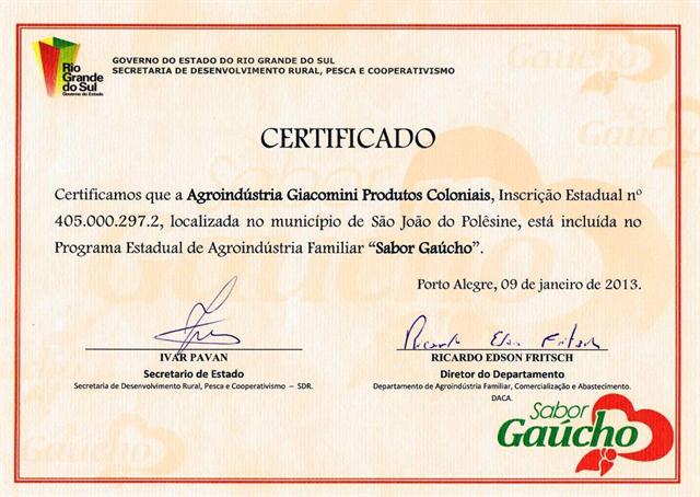 Giacomini Alimentos recebe certificado de qualificação